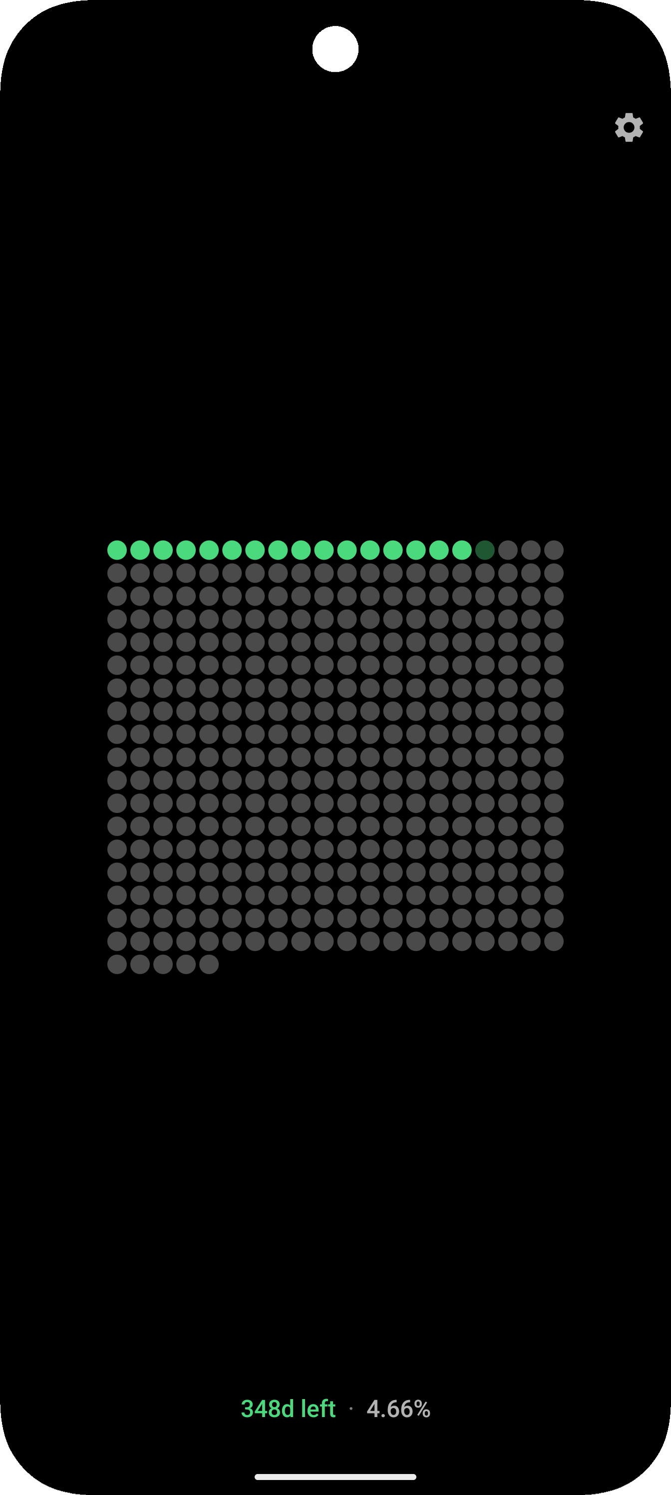 Year Grid Android app main screen showing a grid visualization of 365 days in the year with days passed highlighted