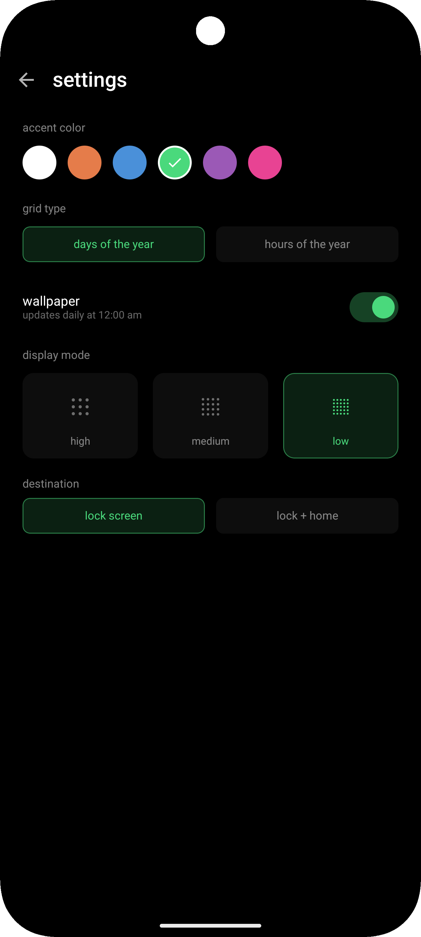 Year Grid settings screen for customizing days left in year display, widget options, and goal tracking
